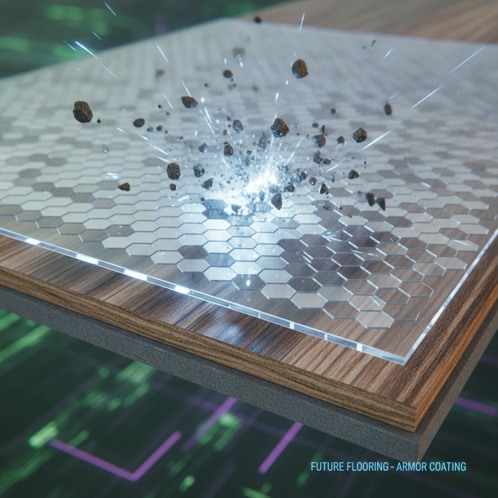 The Microscopic Armor of Modern Floors A microscopic cross-section of a floor plank showing its protective armor. A top layer with aluminum oxide particles is deflecting sharp pieces of grit, illustrating its scratch-resistant technology.