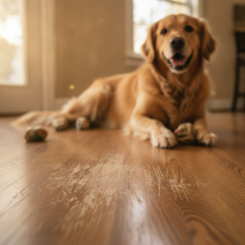 A golden retriever lies on a hardwood floor that is heavily scratched, illustrating the conflict between loving a pet and having damaged floors.