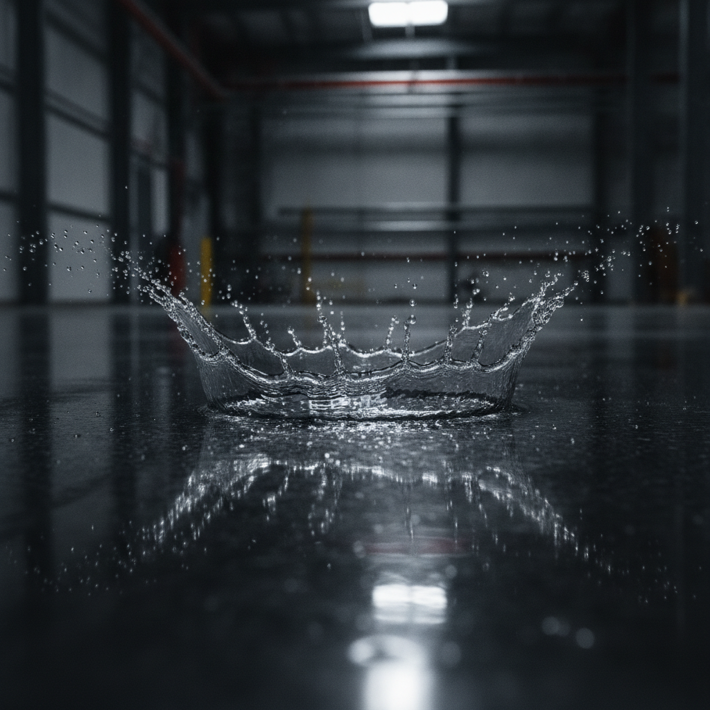 A splash of cleaning chemical being repelled by a dark, glossy epoxy-coated floor, showcasing its chemical-resistant properties.