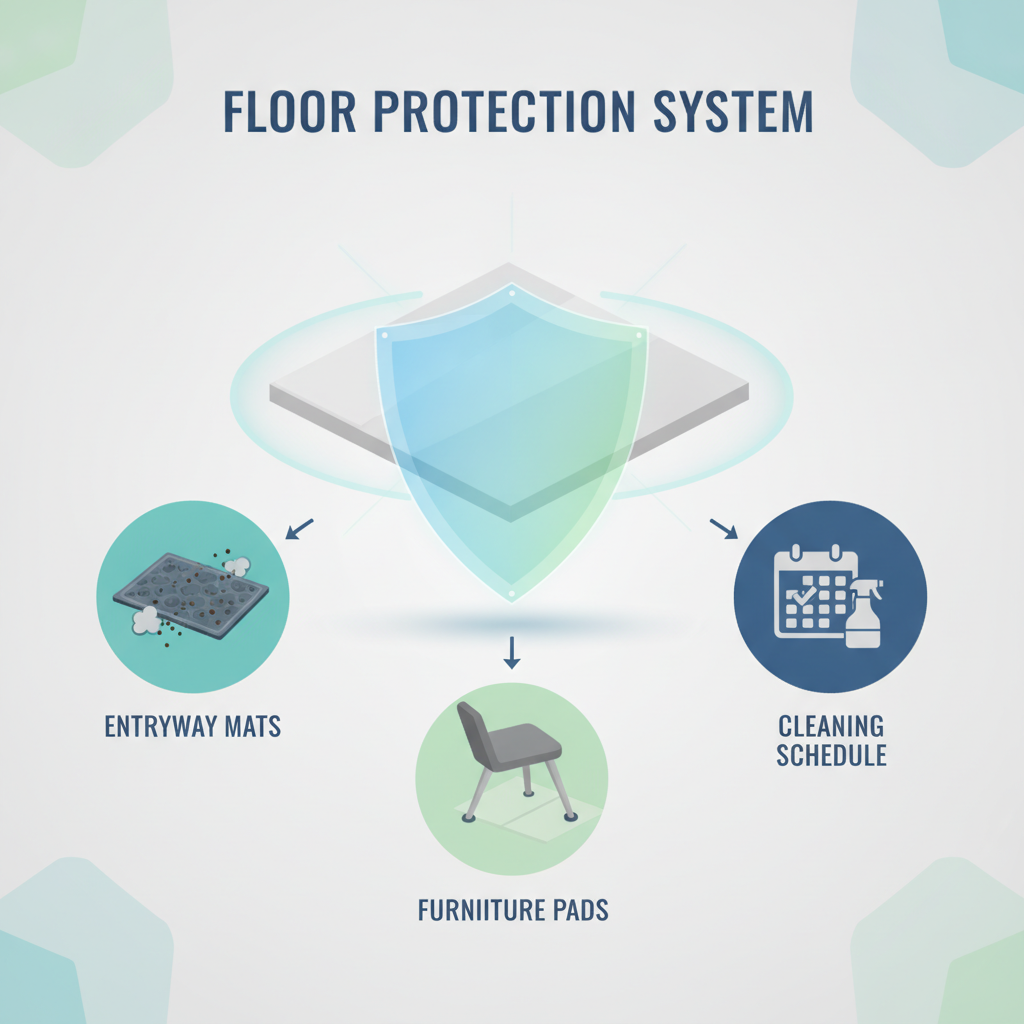 Infographic of a floor protection system with icons for an entryway mat, furniture pads, and a cleaning schedule.