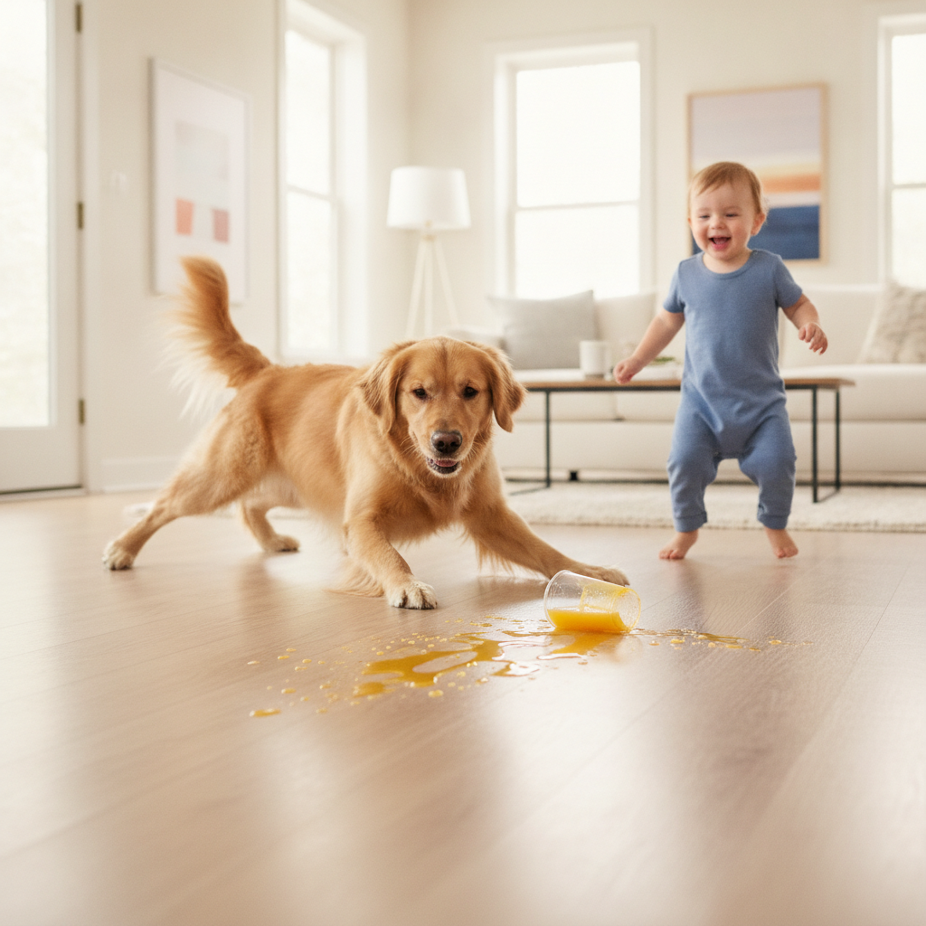 The Resilient 'Forever Floor' in Action A durable living room floor with a dog and a spilled drink, showing its resilience to scratches and stains.