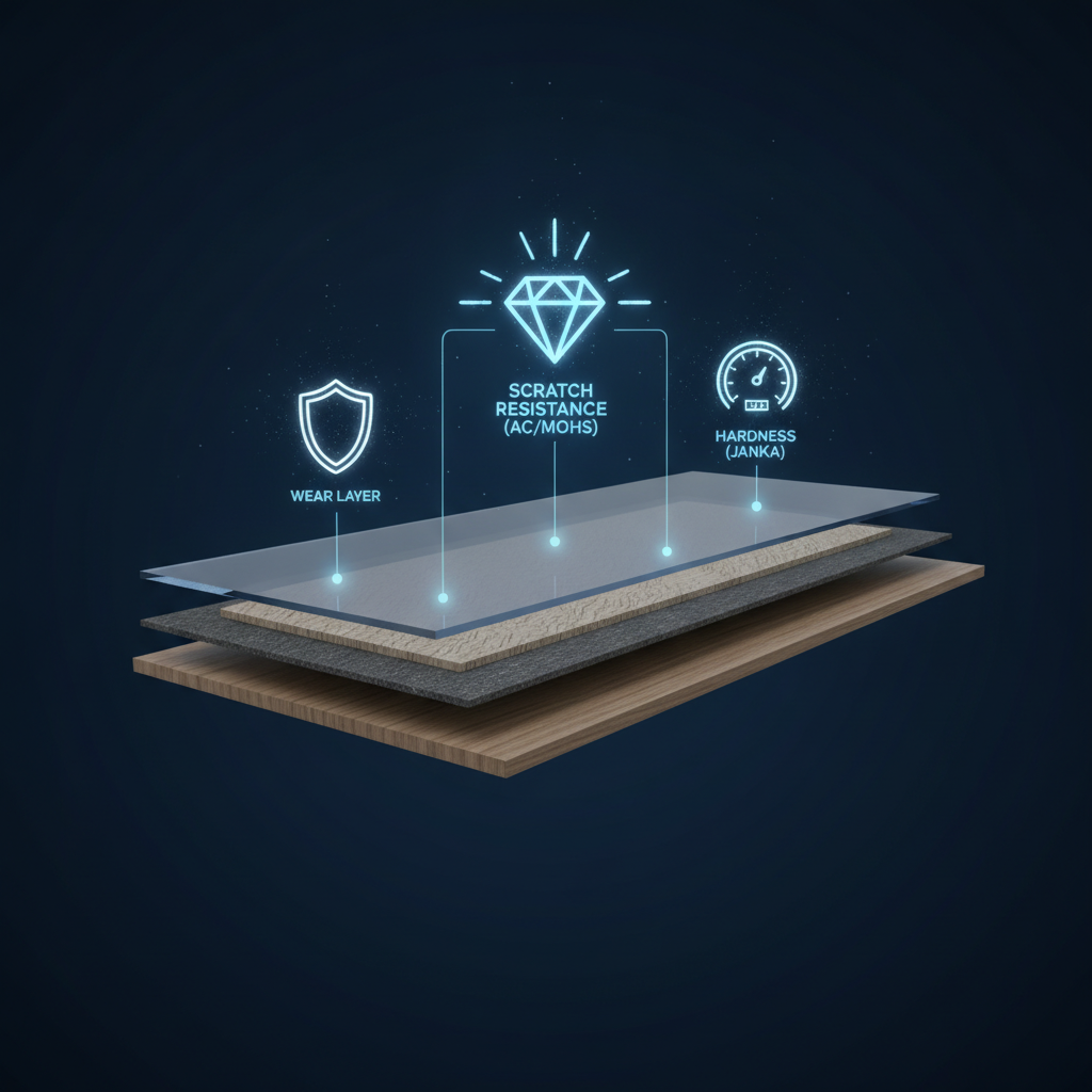 The Science of Floor Durability Technical illustration showing a cross-section of a durable flooring plank with icons representing durability metrics like scratch resistance and hardness.