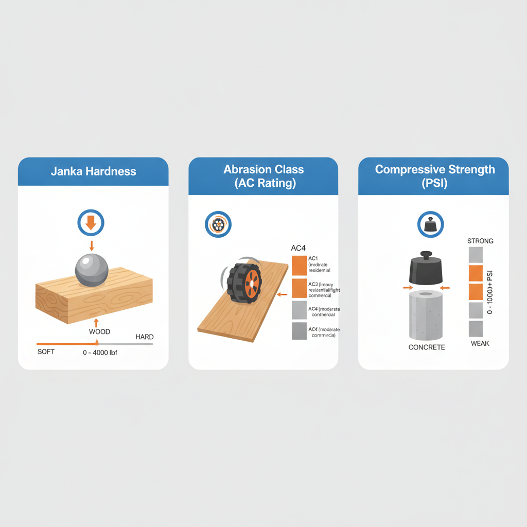 The Science of Strong Floors: Key Durability Metrics Infographic illustrating flooring durability metrics: Janka Hardness for wood, AC Rating for laminate, and PSI Strength for concrete.