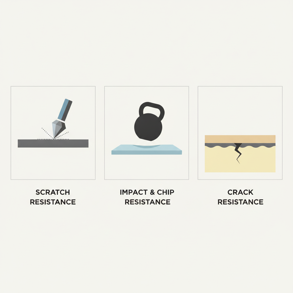 The Three Pillars of Flooring Durability A triptych graphic illustrating the three pillars of flooring durability: Scratch Resistance, Impact & Chip Resistance, and Crack Resistance.