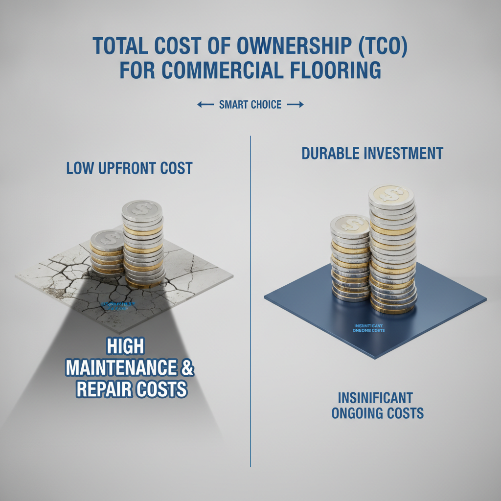 Infographic illustrating Total Cost of Ownership for flooring, contrasting a low upfront cost floor with high maintenance costs against a durable investment floor with minimal long-term costs.