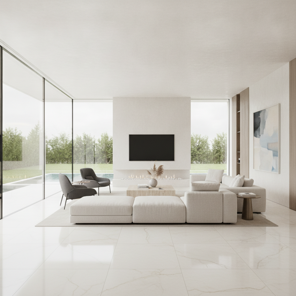 A luxurious, sunlit living room with large windows and pristine, modern porcelain tile flooring that is completely unaffected by the sunlight.