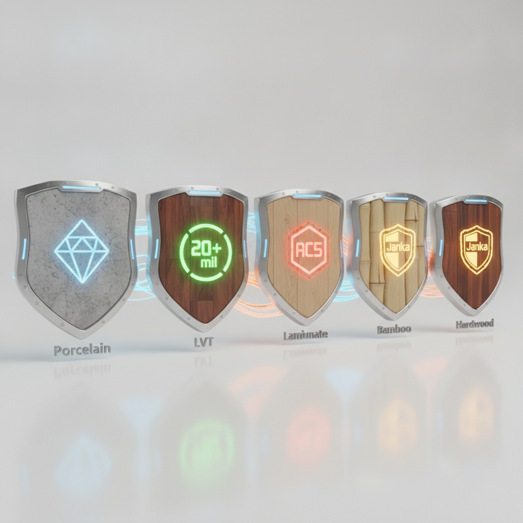 The Ultimate Floor Durability Scorecard The Ultimate Floor Durability Scorecard, showing five shield icons for Porcelain, LVT, Laminate, Bamboo, and Hardwood, each with a symbol for its durability metric like Mohs, mil wear layer, AC rating, and Janka.