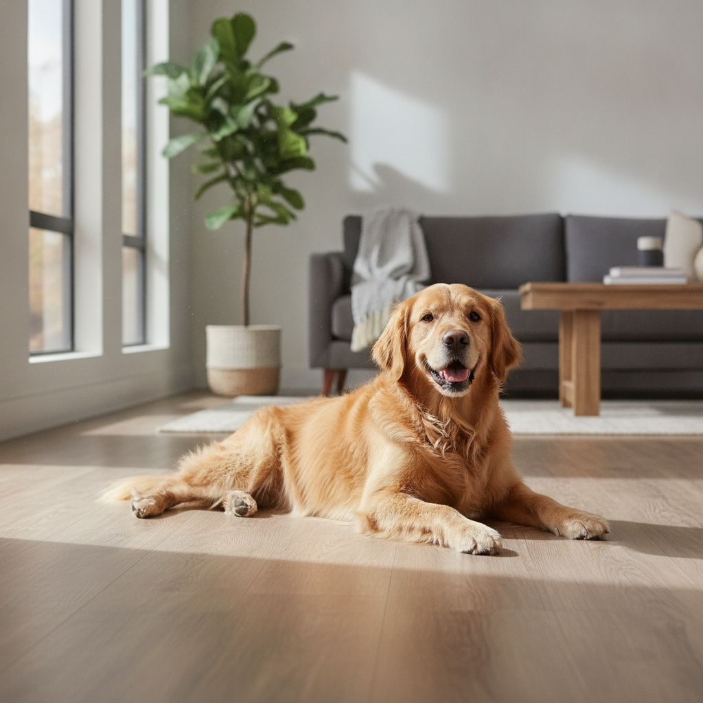 The Ultimate Pet-Friendly Floor A happy golden retriever lounging comfortably on a scratch-resistant luxury vinyl plank floor in a sunlit living room, demonstrating a pet-friendly flooring option.