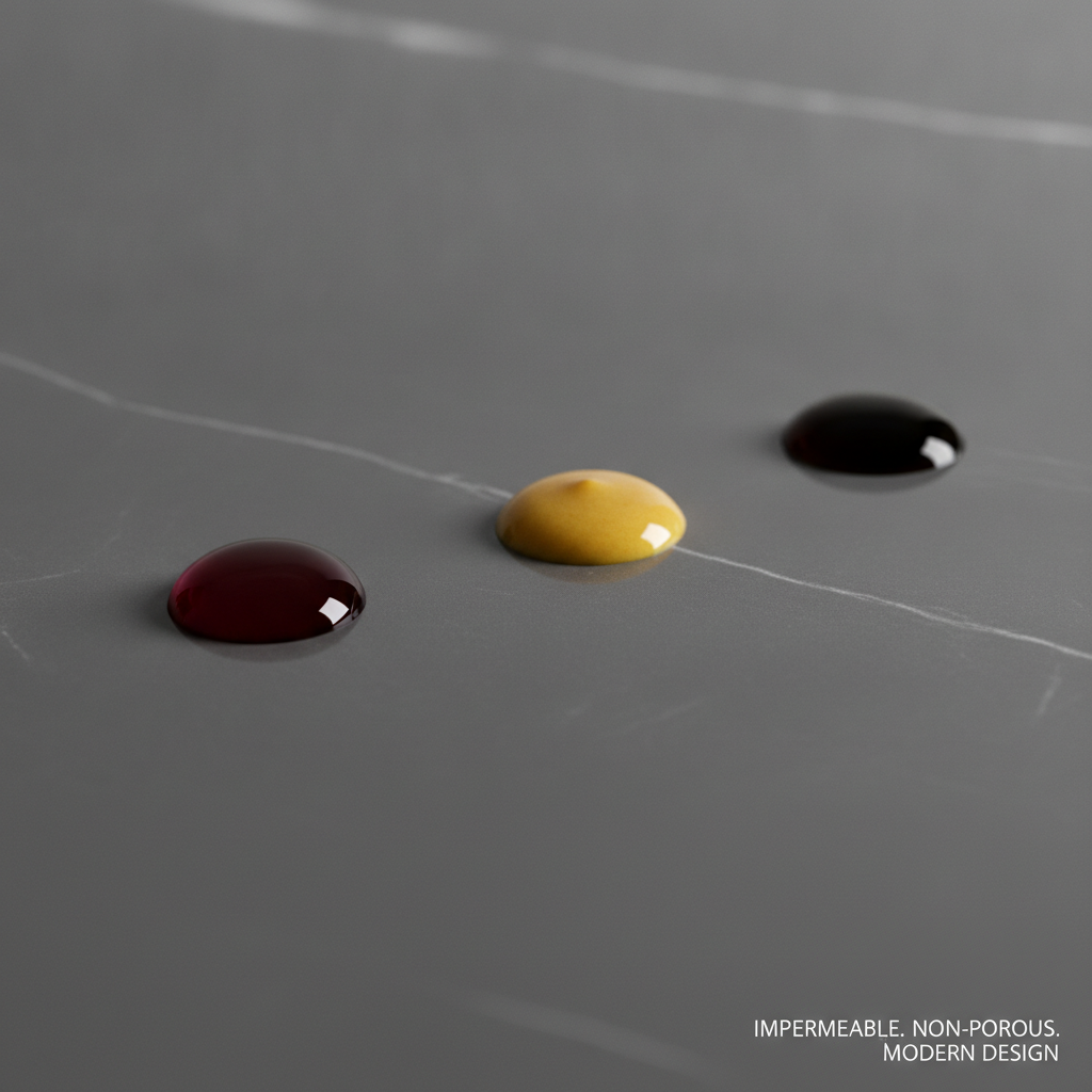 Droplets of red wine, mustard, and coffee beading up on a porcelain tile, demonstrating its stain-proof and impermeable surface.