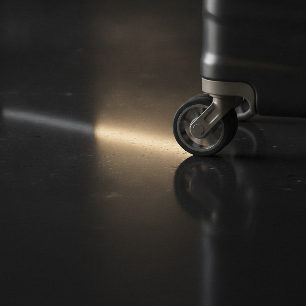 Macro photograph of a flawless, dark Adamantine floor, with a luggage wheel rolling just above it to demonstrate its superior scratch resistance and luxury finish.