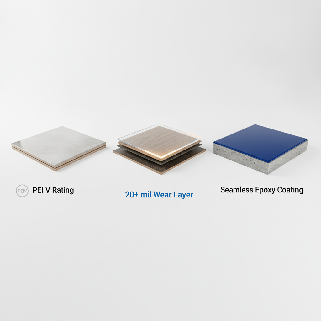 Top Abrasion-Resistant Flooring Materials A product showcase of top abrasion-resistant flooring materials, including a cross-section of porcelain tile, luxury vinyl plank with a thick wear layer, and a seamless epoxy coating.