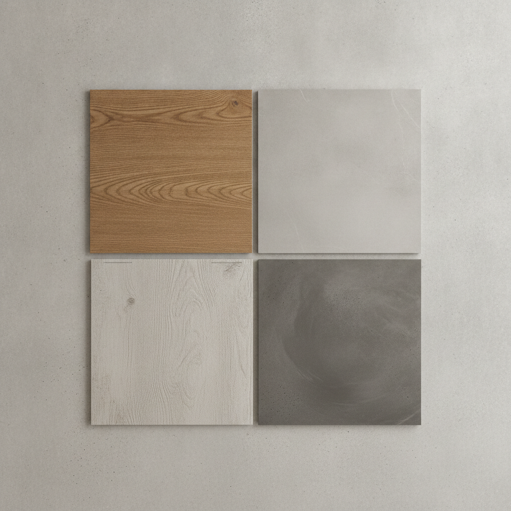Top Contenders for Durable Flooring A top-down view of four durable flooring samples: luxury vinyl plank, porcelain tile, laminate, and sealed concrete.