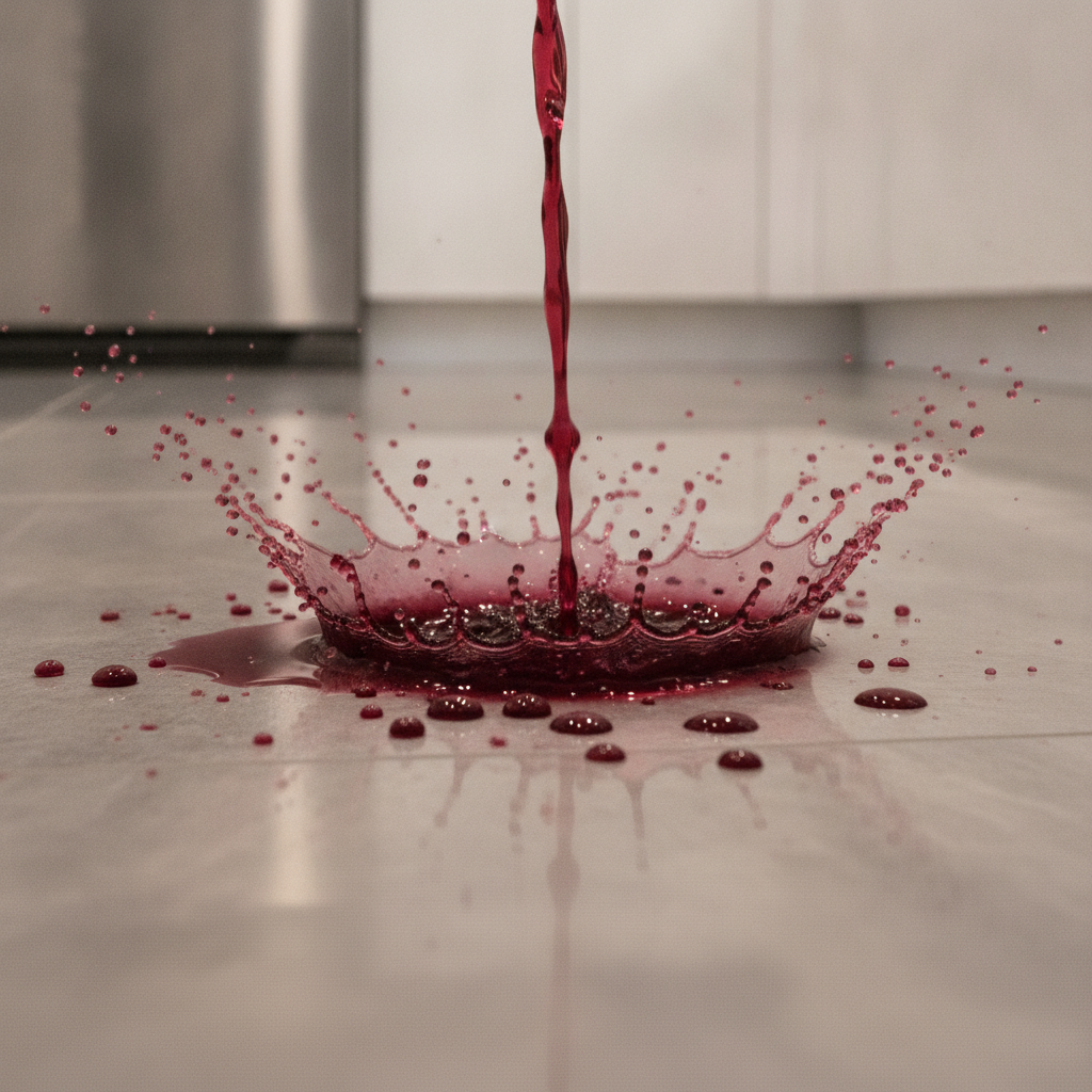 Ultimate Stain Resistance Close-up of red wine splashing onto a porcelain tile floor, beading up on the surface to demonstrate its stain-proof quality.