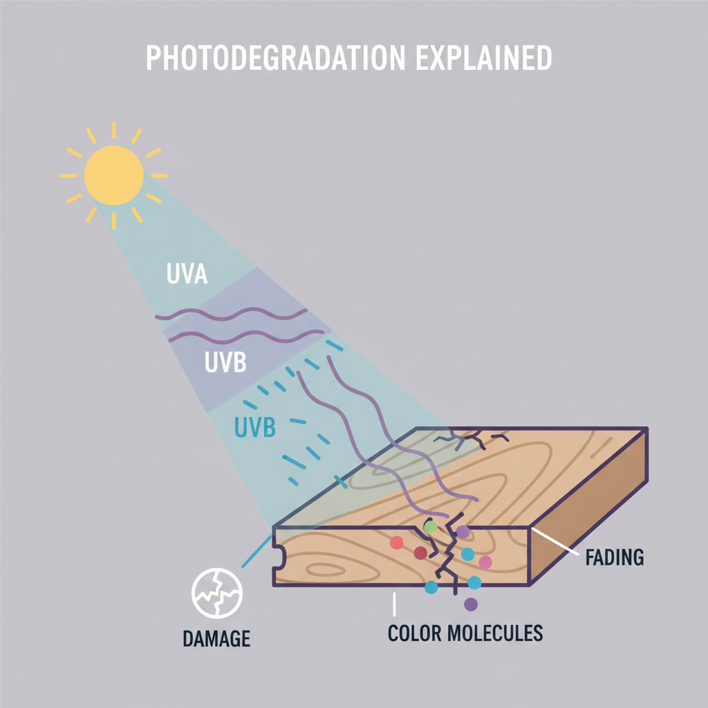 An infographic illustrating how UVA and UVB rays from the sun penetrate a flooring plank, with UVA rays breaking down color molecules deep inside and UVB rays damaging the surface.