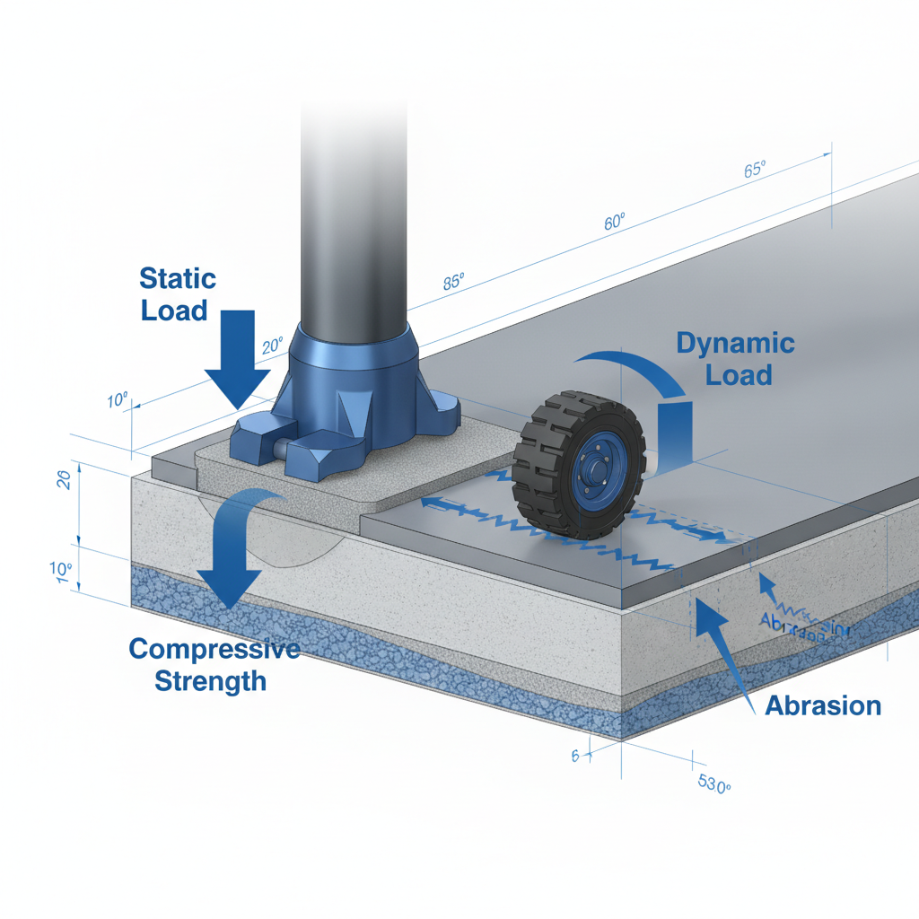 Visualizing Static vs. Dynamic Flooring Loads A 3D technical illustration showing a cutaway view of an industrial floor slab. On the left, a heavy machine foot exerts a powerful downward arrow labeled 'Static Load,' compressing the floor and highlighting its 'Compressive Strength.' On the right, a forklift wheel is in motion, creating arrows representing 'Dynamic Load' and 'Abrasion.' The style is a clean, modern 3D render with a blue, grey, and white color palette, emphasizing engineering precision and scientific metrics.