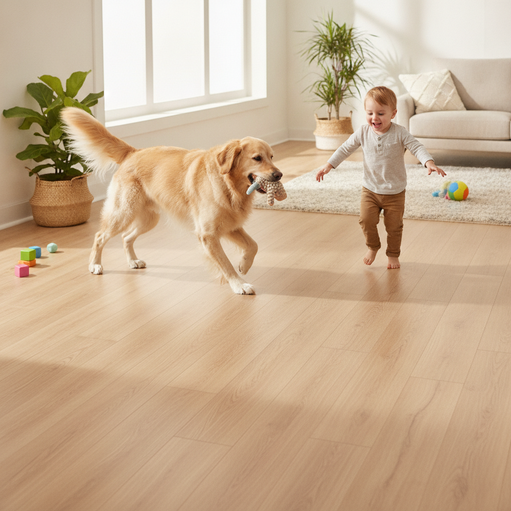 A happy golden retriever and a young child play on a clean, durable luxury vinyl plank floor in a sunny room, demonstrating its resilience.